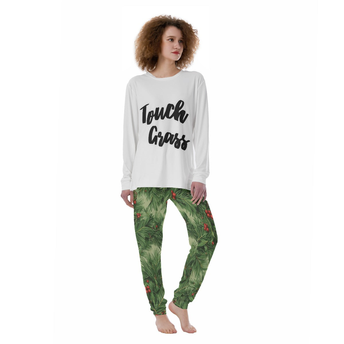 Touch Grass Women's White Top Pajamas Set