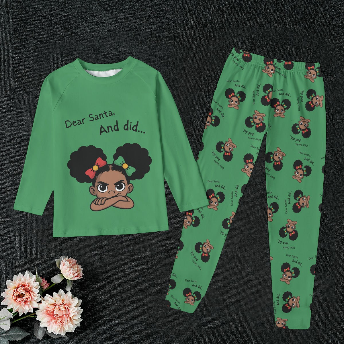 Santa And Did Solid Green Kid's Pajamas