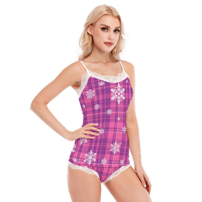 All-Over Print Women's Pajama Set With Lace Edge