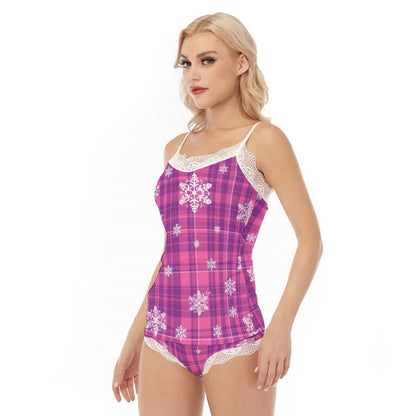 All-Over Print Women's Pajama Set With Lace Edge